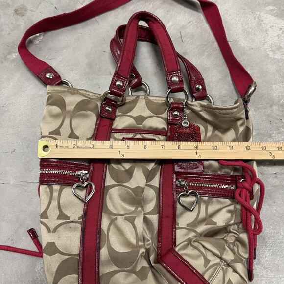 Coach Poppy Signature C Satchel Tote Bag Khaki With Red  Coach Poppy Signature C Satchel Tote Bag Khaki With Red Accent F20101